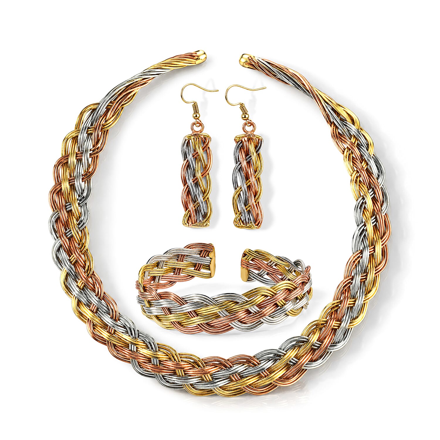 Handcrafted Chunky Braided Wire Collar Necklace (16 Inches), Cuff Bracelet (7.50In) & Earrings in Tri-tone