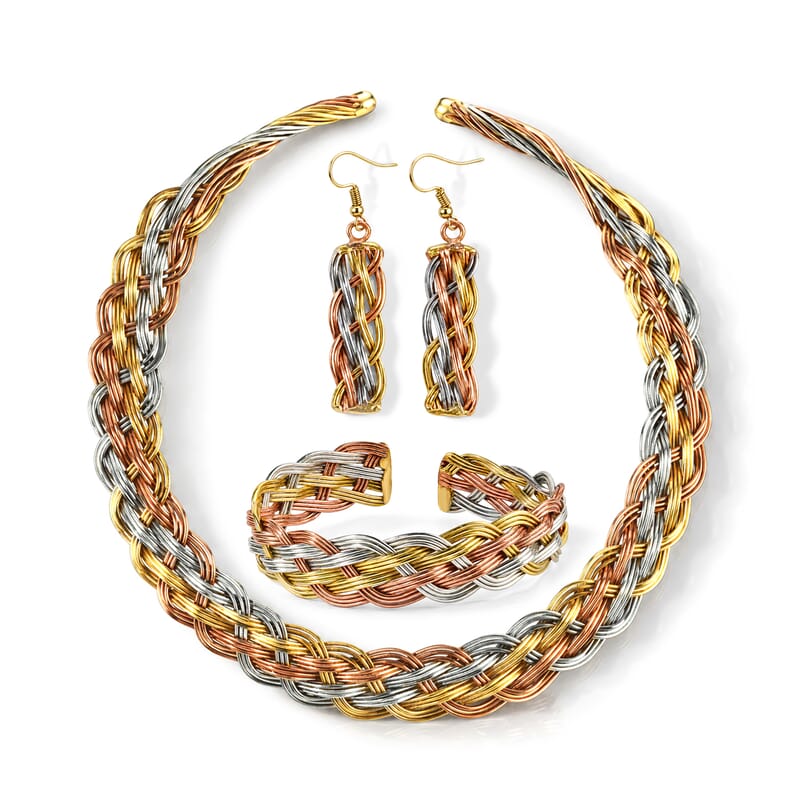 Handcrafted Chunky Braided Wire Collar Necklace (16 Inches), Cuff Bracelet (7.50In) & Earrings in Tri-tone