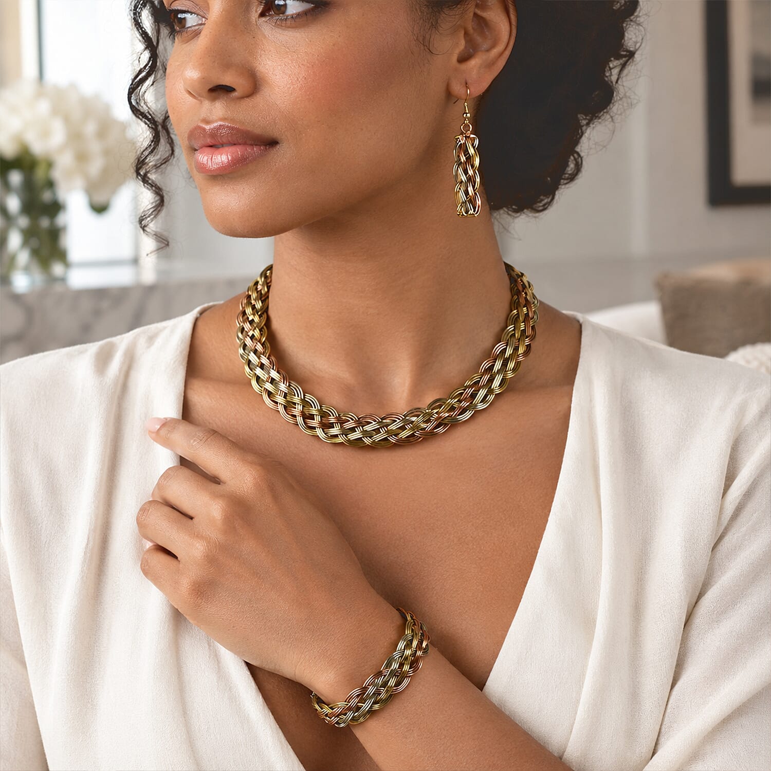 Handcrafted Chunky Braided Wire Collar Necklace (16 Inches), Cuff Bracelet (7.50In) & Earrings in Tri-tone