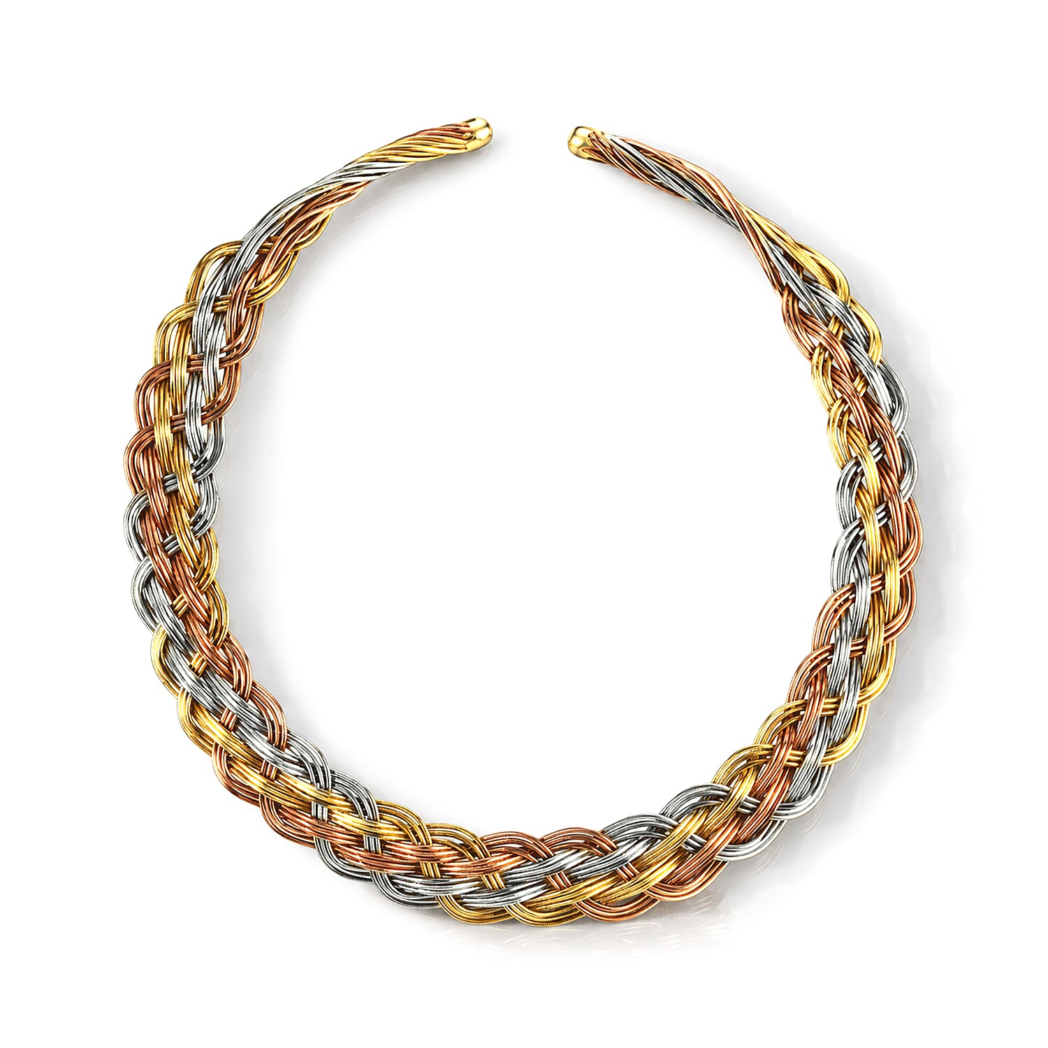 Handcrafted Chunky Braided Wire Collar Necklace (16 Inches), Cuff Bracelet (7.50In) & Earrings in Tri-tone