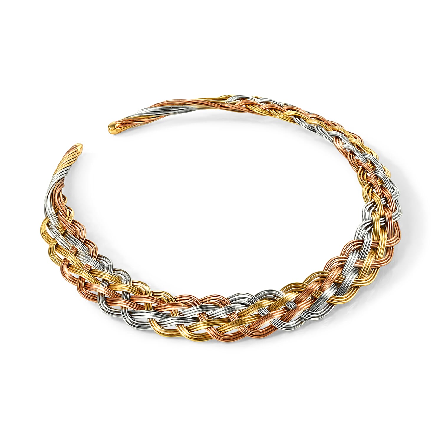Handcrafted Chunky Braided Wire Collar Necklace (16 Inches), Cuff Bracelet (7.50In) & Earrings in Tri-tone