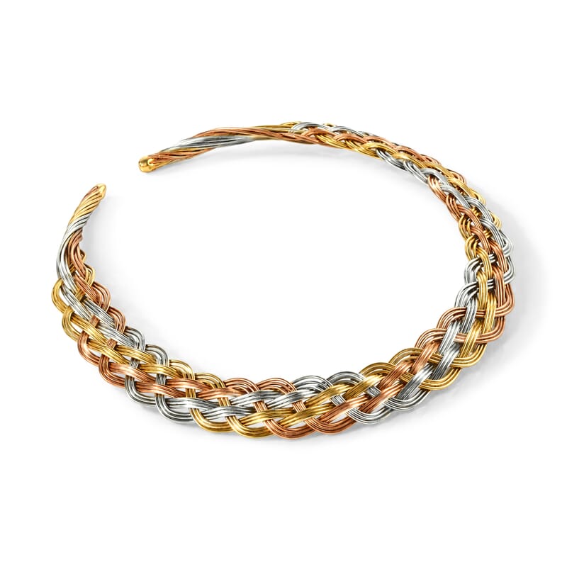 Handcrafted Chunky Braided Wire Collar Necklace (16 Inches), Cuff Bracelet (7.50In) & Earrings in Tri-tone