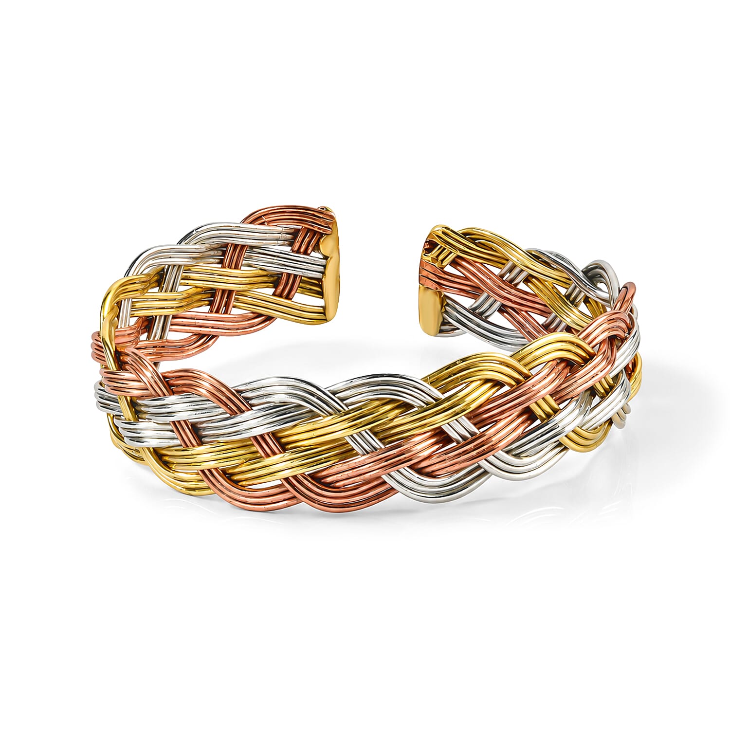 Handcrafted Chunky Braided Wire Collar Necklace (16 Inches), Cuff Bracelet (7.50In) & Earrings in Tri-tone