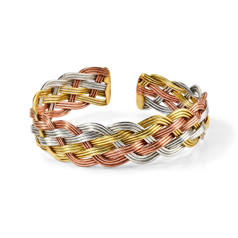 Handcrafted Chunky Braided Wire Collar Necklace (16 Inches), Cuff Bracelet (7.50In) & Earrings in Tri-tone