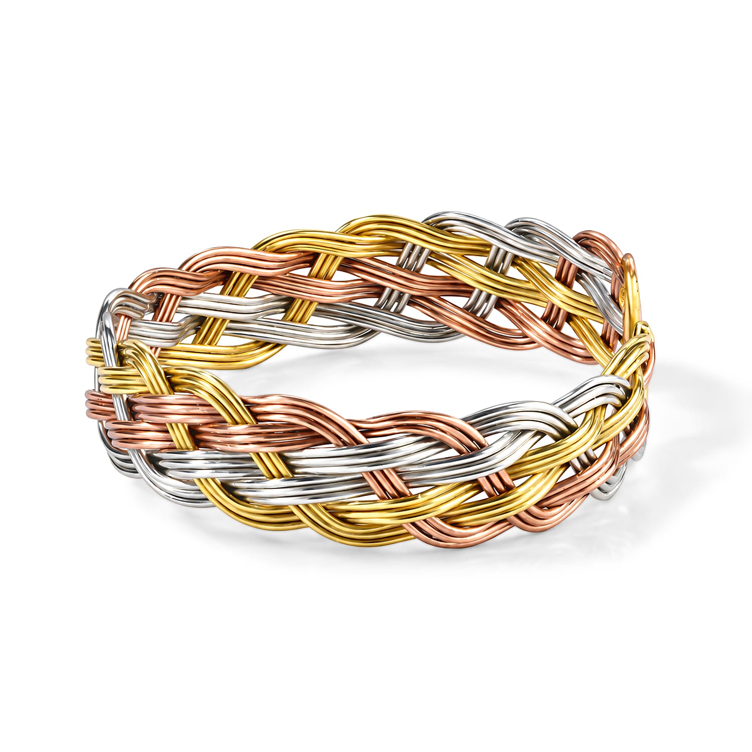 Handcrafted Chunky Braided Wire Collar Necklace (16 Inches), Cuff Bracelet (7.50In) & Earrings in Tri-tone