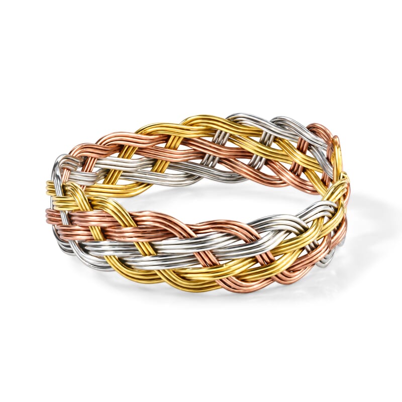 Handcrafted Chunky Braided Wire Collar Necklace (16 Inches), Cuff Bracelet (7.50In) & Earrings in Tri-tone