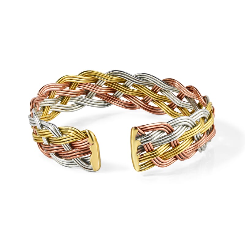 Handcrafted Chunky Braided Wire Collar Necklace (16 Inches), Cuff Bracelet (7.50In) & Earrings in Tri-tone