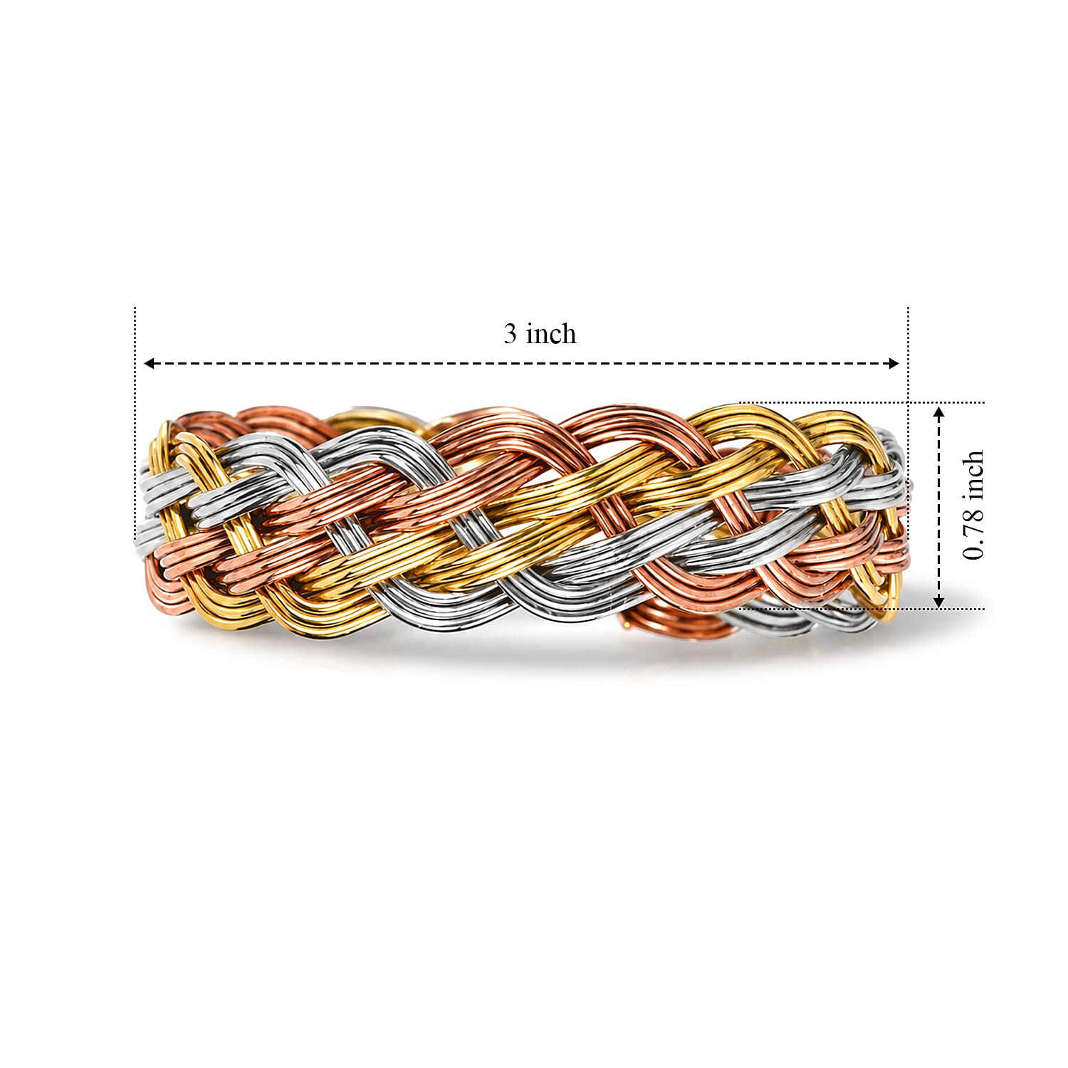 Handcrafted Chunky Braided Wire Collar Necklace (16 Inches), Cuff Bracelet (7.50In) & Earrings in Tri-tone