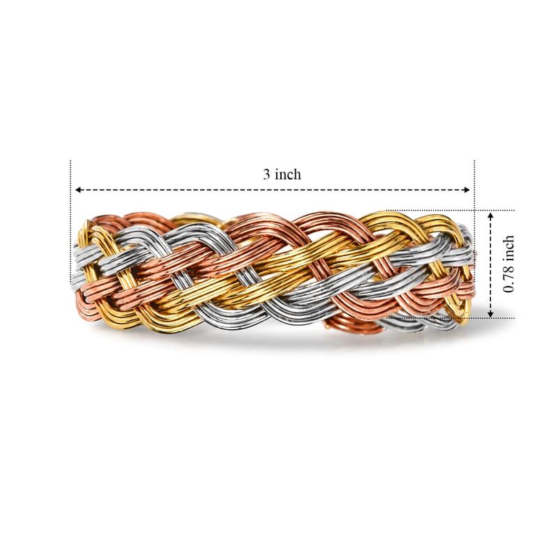 Handcrafted Chunky Braided Wire Collar Necklace (16 Inches), Cuff Bracelet (7.50In) & Earrings in Tri-tone