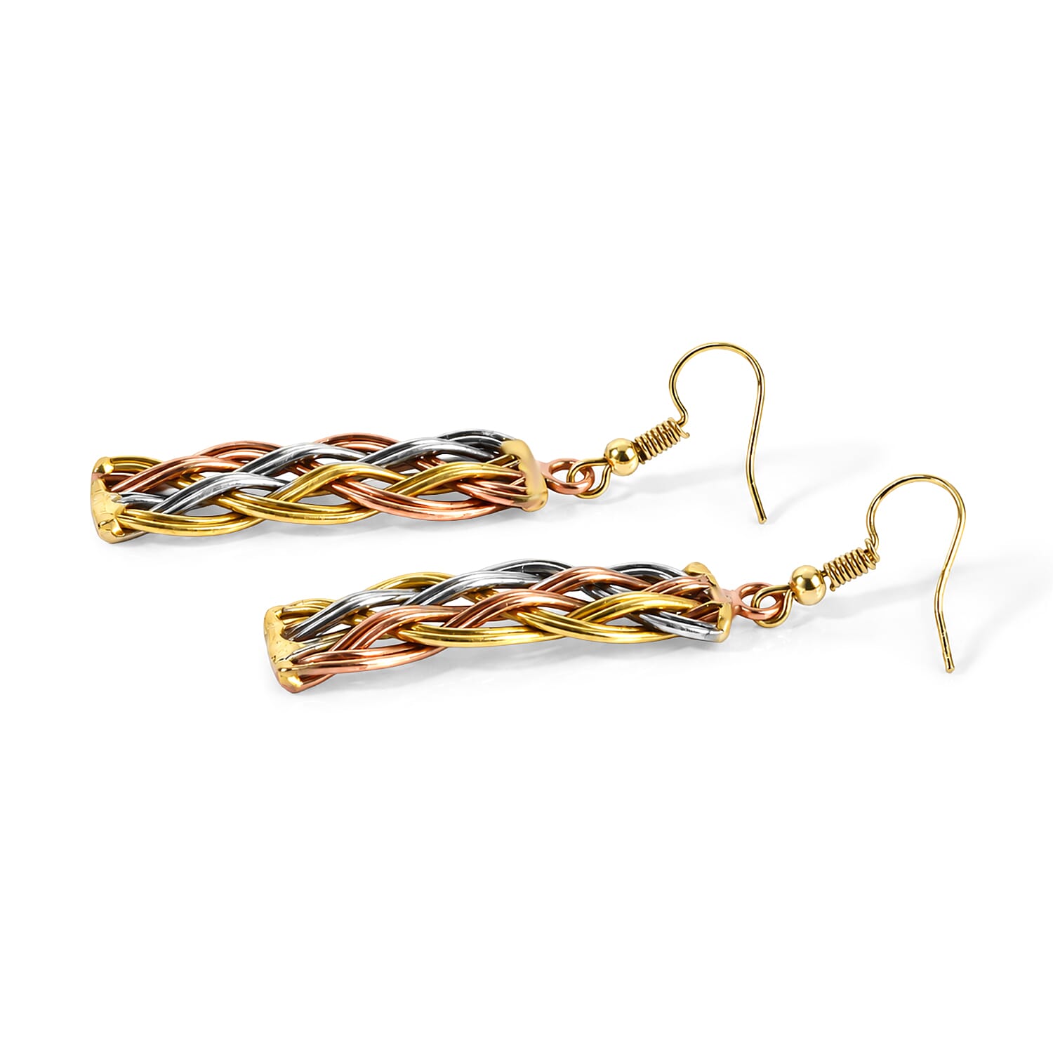Handcrafted Chunky Braided Wire Collar Necklace (16 Inches), Cuff Bracelet (7.50In) & Earrings in Tri-tone