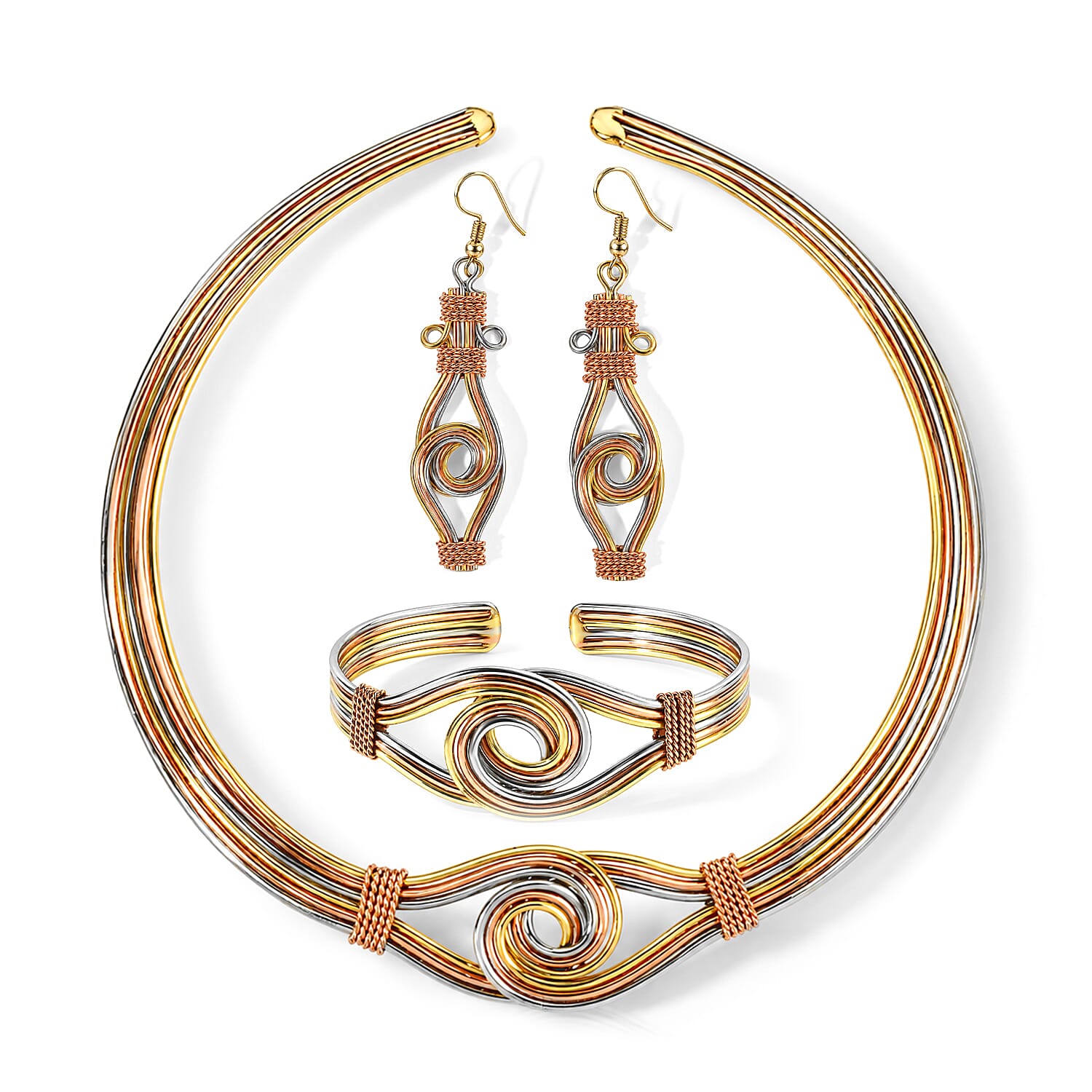 Handcrafted Woven Hasli Necklace (16 Inches), Cuff Bracelet (7.50In) & Earrings in Silvertone and Goldtone