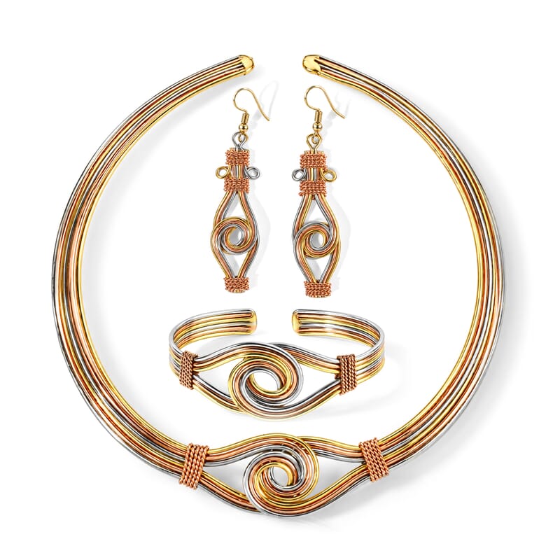 Handcrafted Woven Hasli Necklace (16 Inches), Cuff Bracelet (7.50In) & Earrings in Silvertone and Goldtone