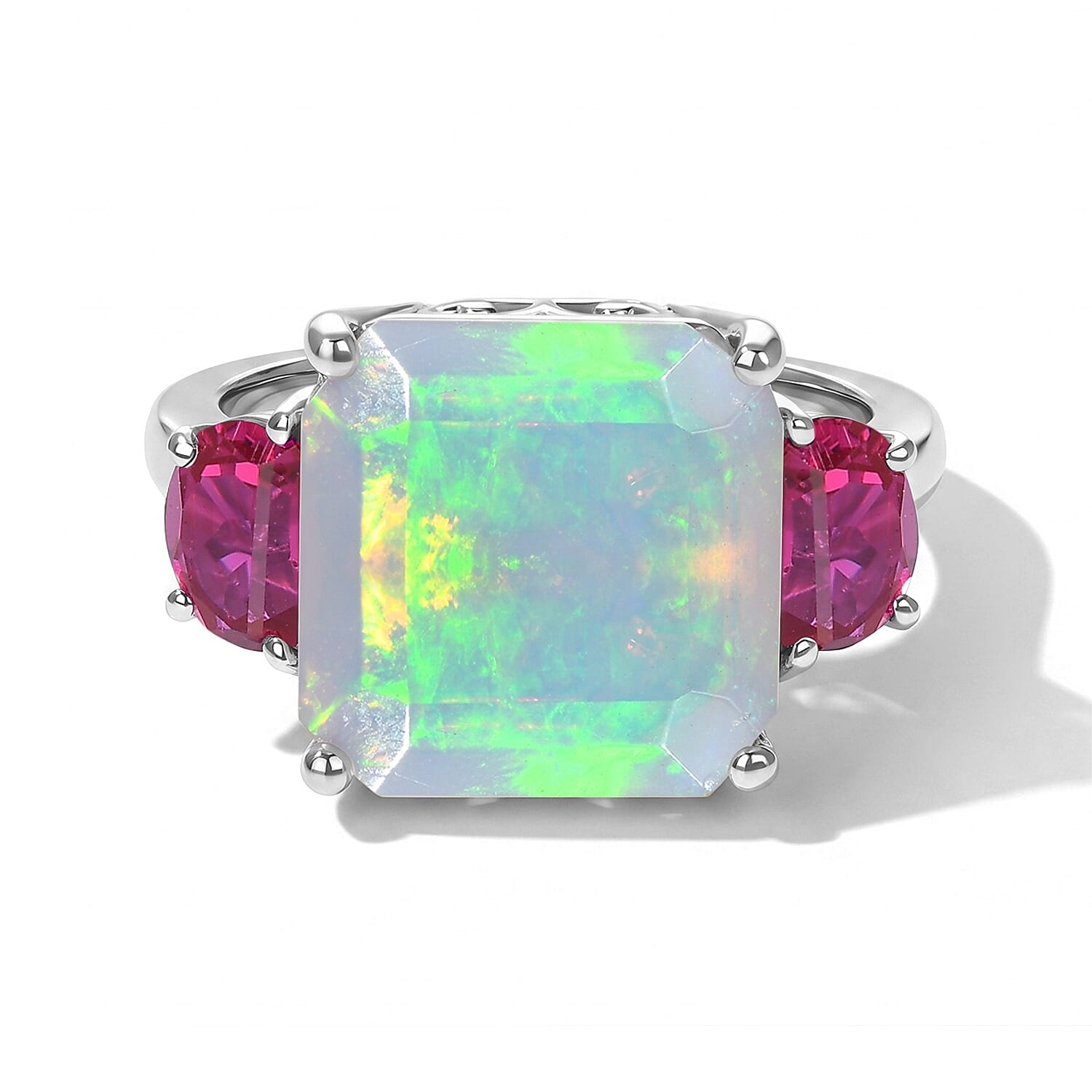 D'Joy AAA Ethiopian Welo Opal and Lab Grown Emerald 6.00 ctw Ring in Rhodium Over Sterling Silver (Size 6.0)