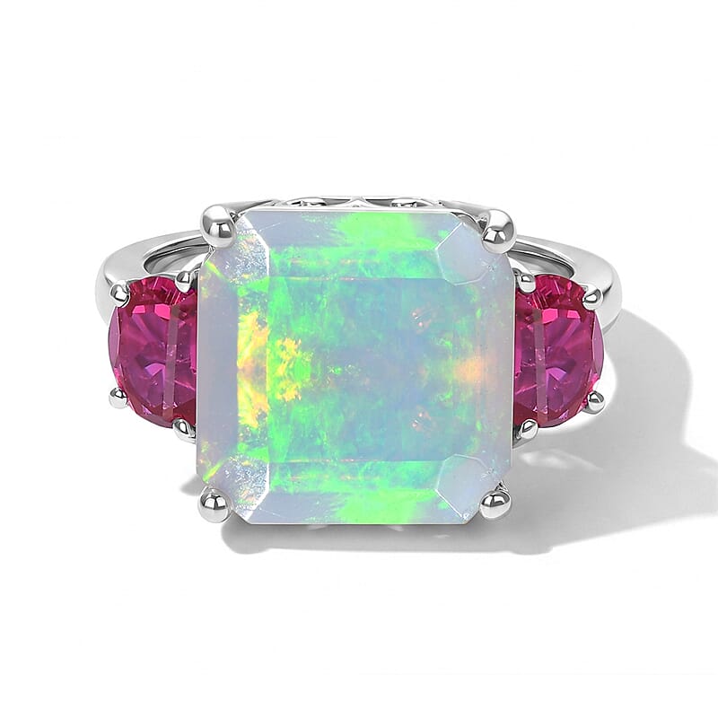 D'Joy AAA Ethiopian Welo Opal and Lab Grown Emerald 6.00 ctw Ring in Rhodium Over Sterling Silver (Size 6.0)