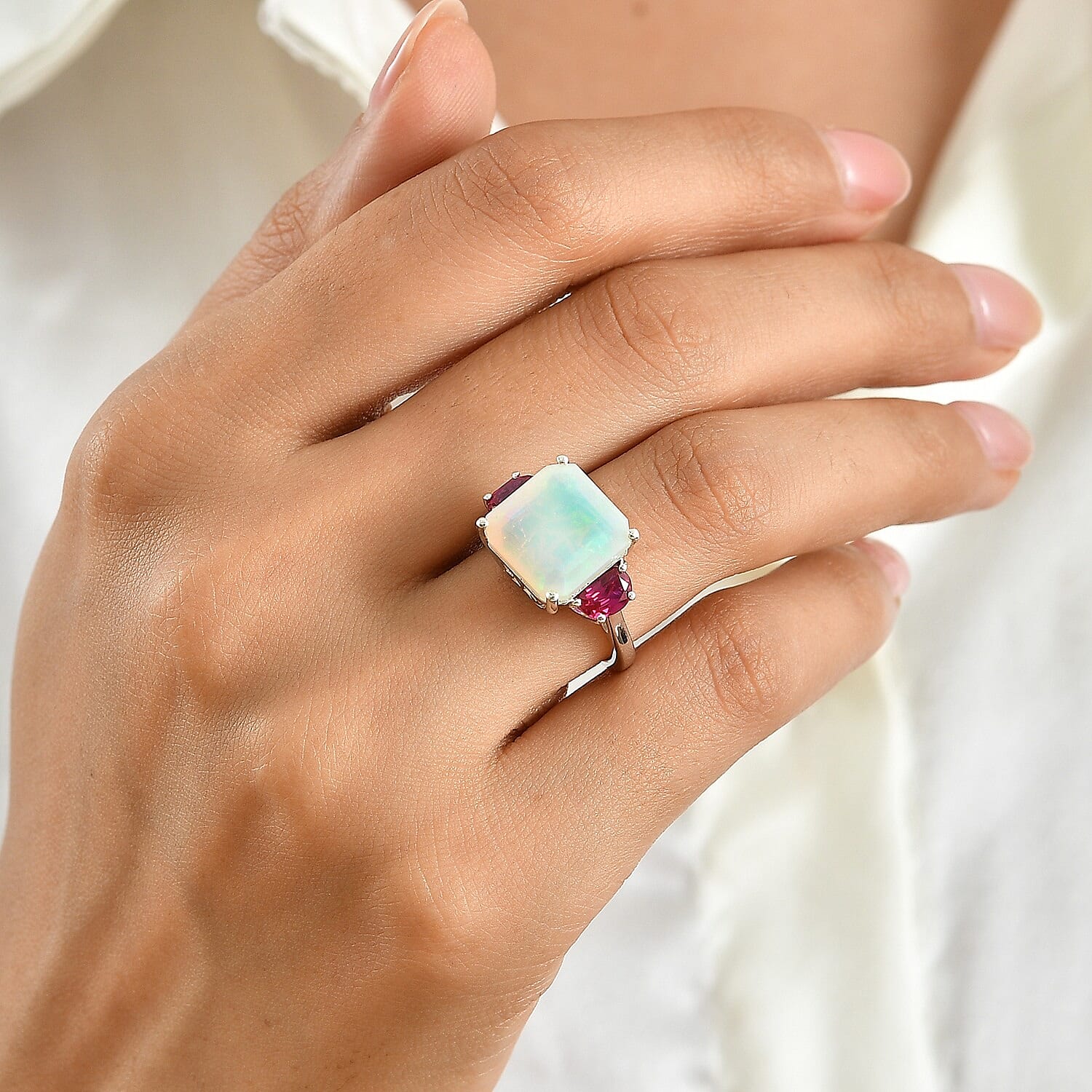 D'Joy AAA Ethiopian Welo Opal and Lab Grown Emerald 6.00 ctw Ring in Rhodium Over Sterling Silver (Size 6.0)