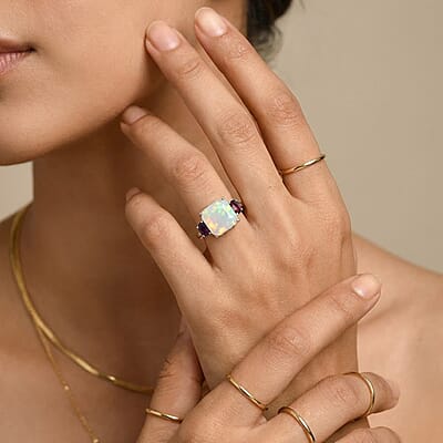 D'Joy AAA Ethiopian Welo Opal and Lab Grown Emerald 6.00 ctw Ring in Rhodium Over Sterling Silver (Size 6.0)