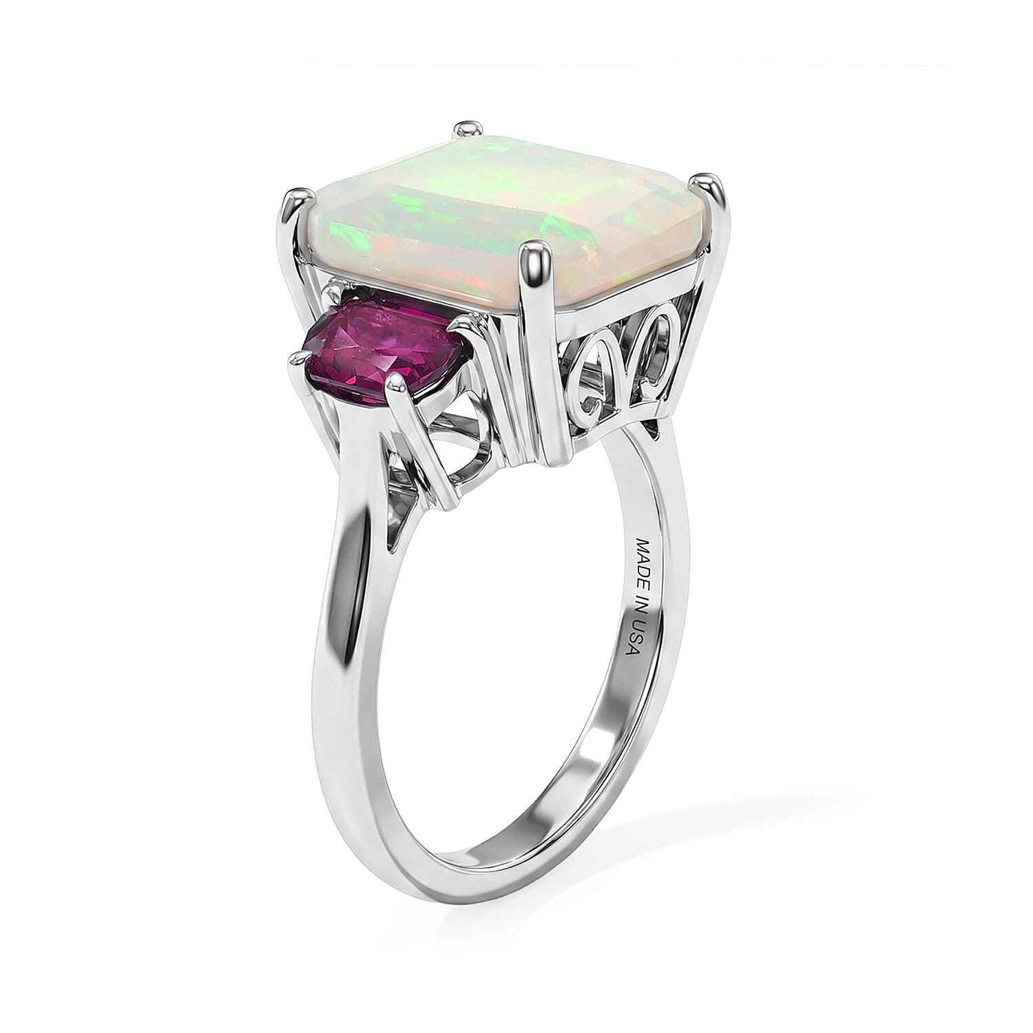 D'Joy AAA Ethiopian Welo Opal and Lab Grown Emerald 6.00 ctw Ring in Rhodium Over Sterling Silver (Size 6.0)