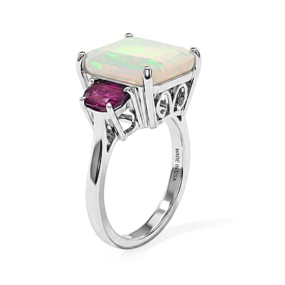 D'Joy AAA Ethiopian Welo Opal and Lab Grown Emerald 6.00 ctw Ring in Rhodium Over Sterling Silver (Size 6.0)