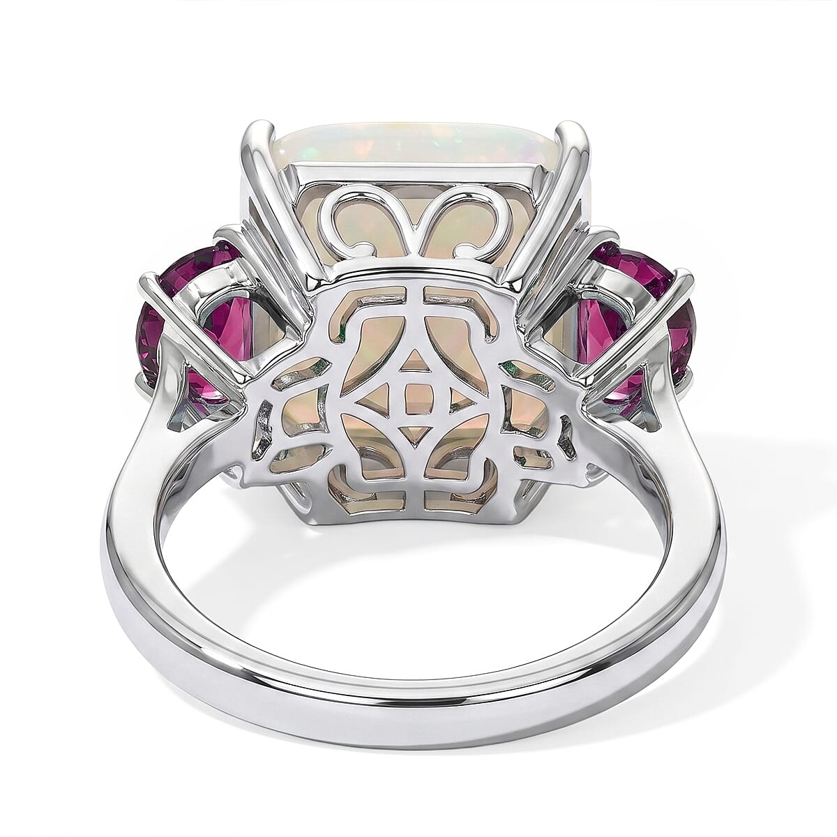 D'Joy AAA Ethiopian Welo Opal and Lab Grown Emerald 6.00 ctw Ring in Rhodium Over Sterling Silver (Size 6.0)