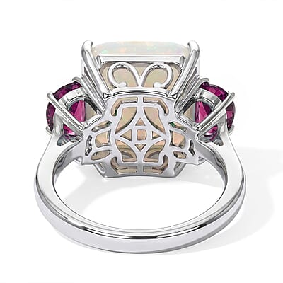 D'Joy AAA Ethiopian Welo Opal and Lab Grown Emerald 6.00 ctw Ring in Rhodium Over Sterling Silver (Size 6.0)