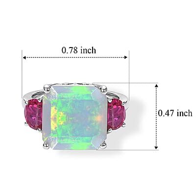D'Joy AAA Ethiopian Welo Opal and Lab Grown Emerald 6.00 ctw Ring in Rhodium Over Sterling Silver (Size 6.0)