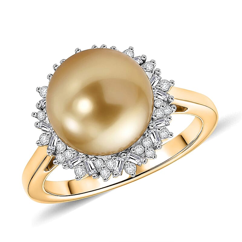 Luxoro Premium South Sea Golden Pearl and Diamond 0.30 ctw Starburst Ring in 10K Yellow Gold (Size 5.0)
