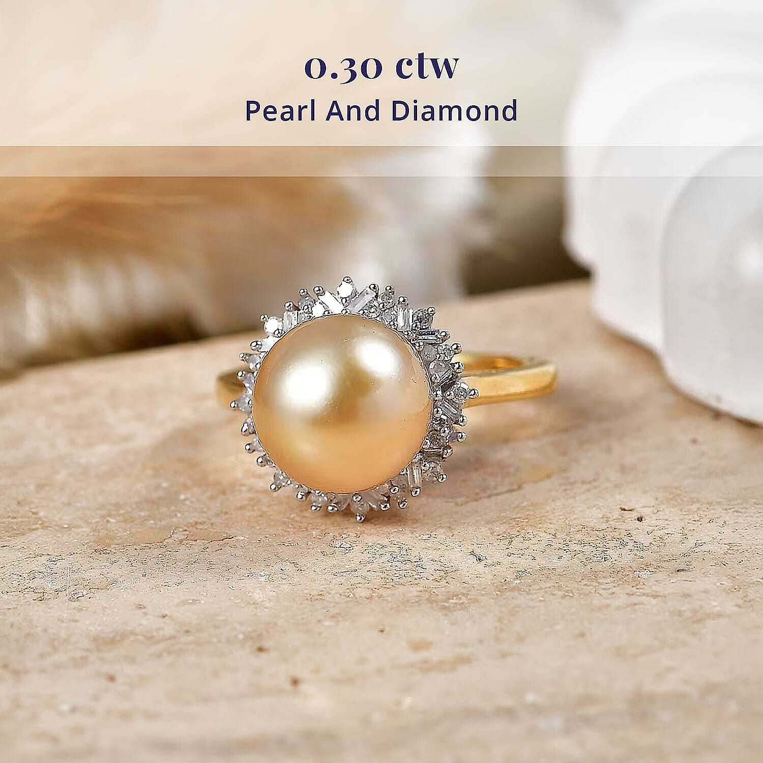 Luxoro Premium South Sea Golden Pearl and Diamond 0.30 ctw Starburst Ring in 10K Yellow Gold (Size 5.0)