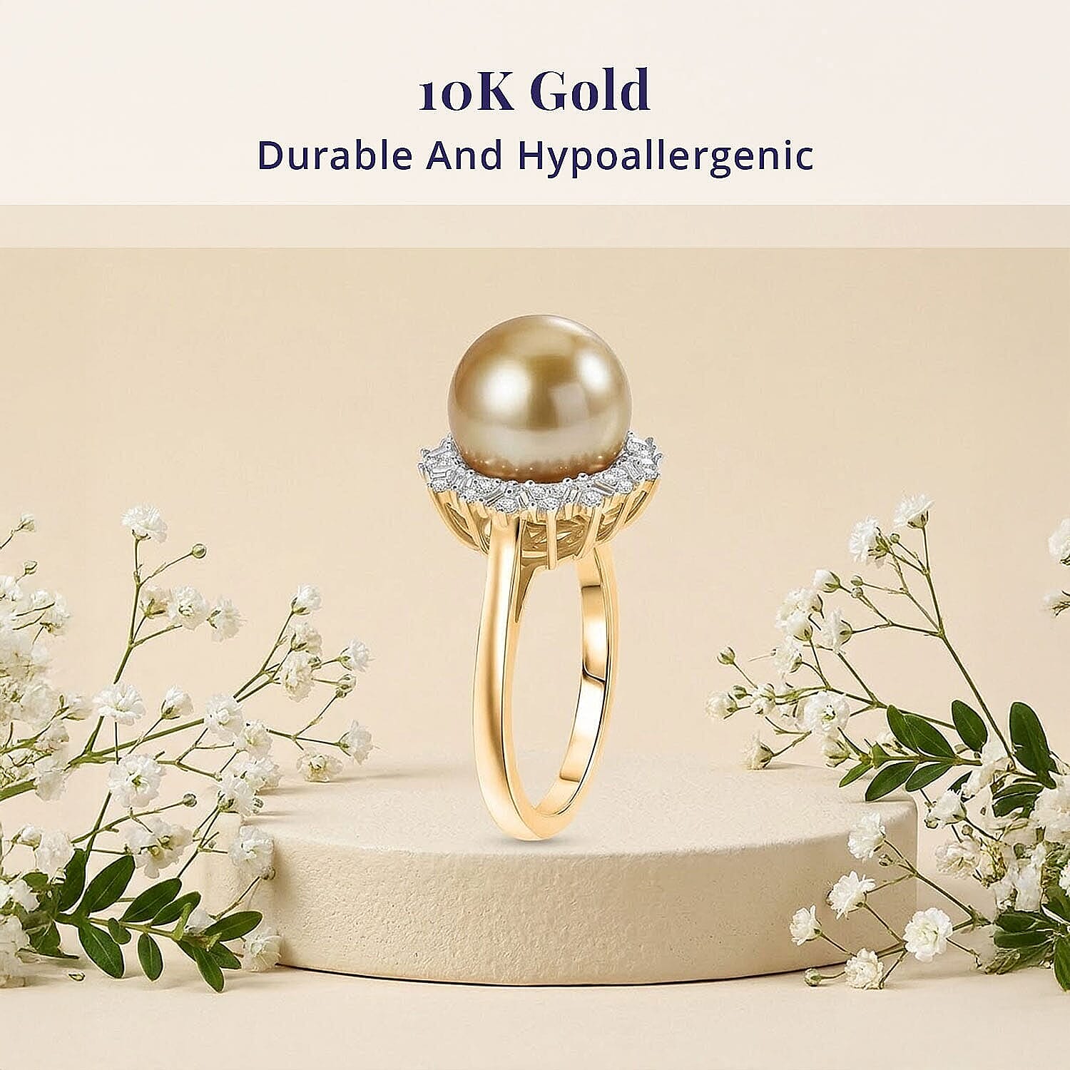 Luxoro Premium South Sea Golden Pearl and Diamond 0.30 ctw Starburst Ring in 10K Yellow Gold (Size 5.0)