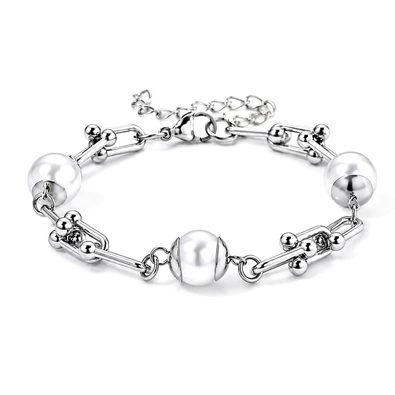 White Shell Pearl Designer inspired U-link Chain Station Bracelet in Stainless Steel (7.5-9.5In)
