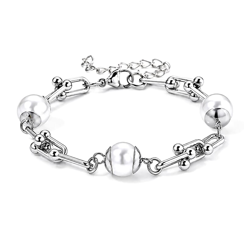 White Shell Pearl Bracelet in Stainless Steel (7.5-9.5In)