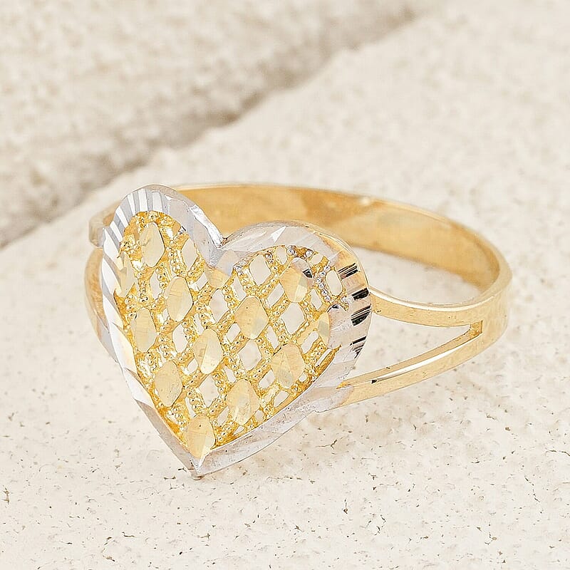 Diamond-cut Heart Ring in 10K Yellow and White Gold (Size 6.0) 1.22 Grams