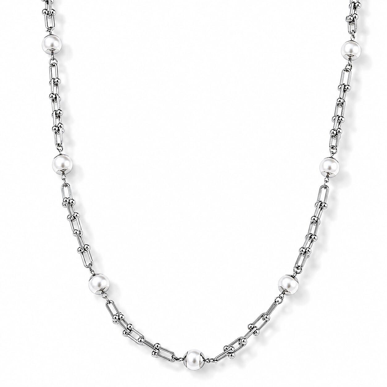 White Shell Pearl U-link Chain Station Necklace in Stainless Steel 20-22 Inches