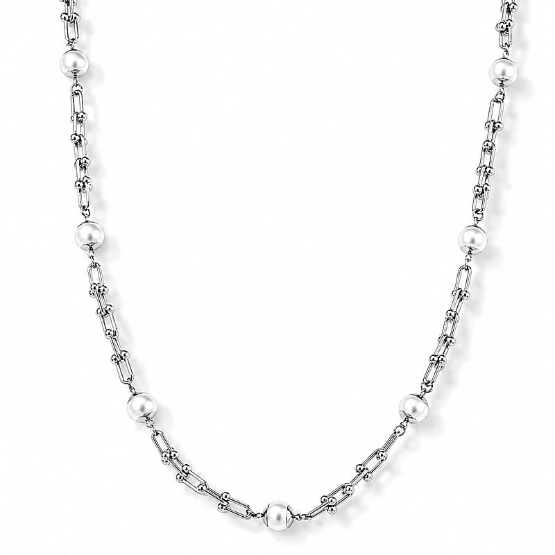 White Shell Pearl U-link Chain Station Necklace in Stainless Steel 20-22 Inches
