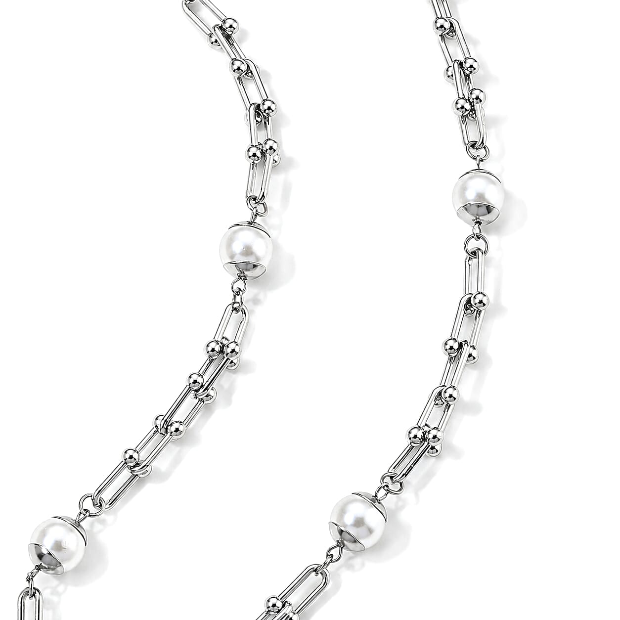 White Shell Pearl U-link Chain Station Necklace in Stainless Steel 20-22 Inches