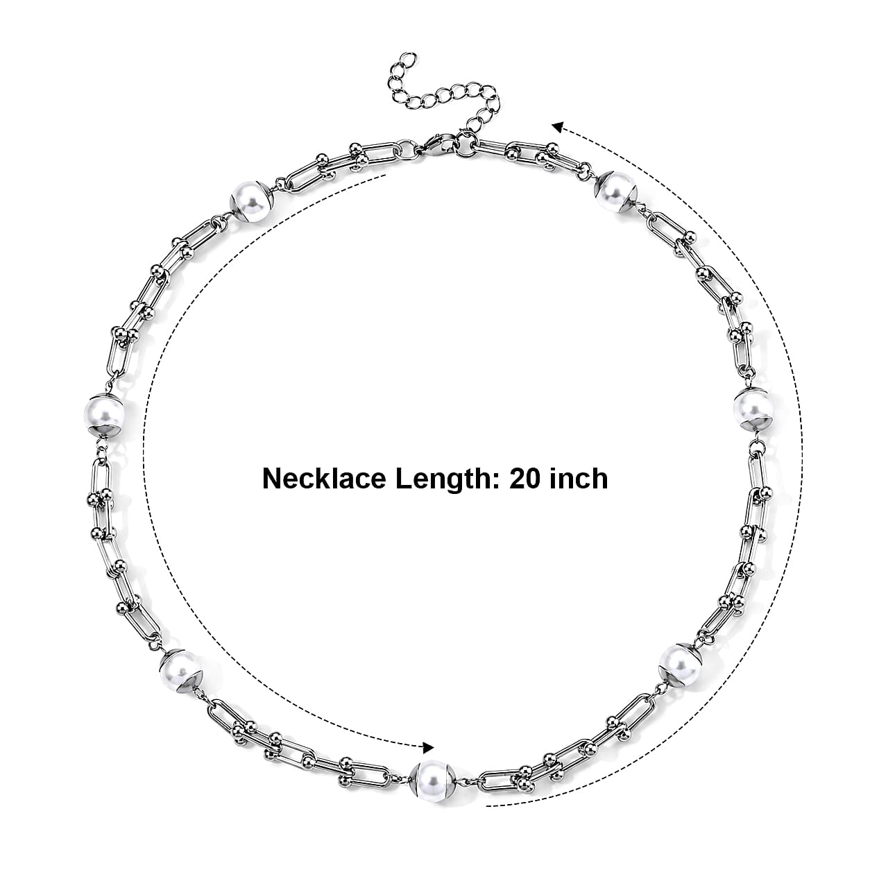 White Shell Pearl U-link Chain Station Necklace in Stainless Steel 20-22 Inches