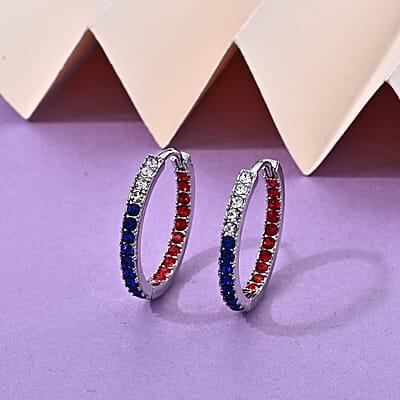 Multi Color Austrian Crystal Hoop Earrings in Silvertone