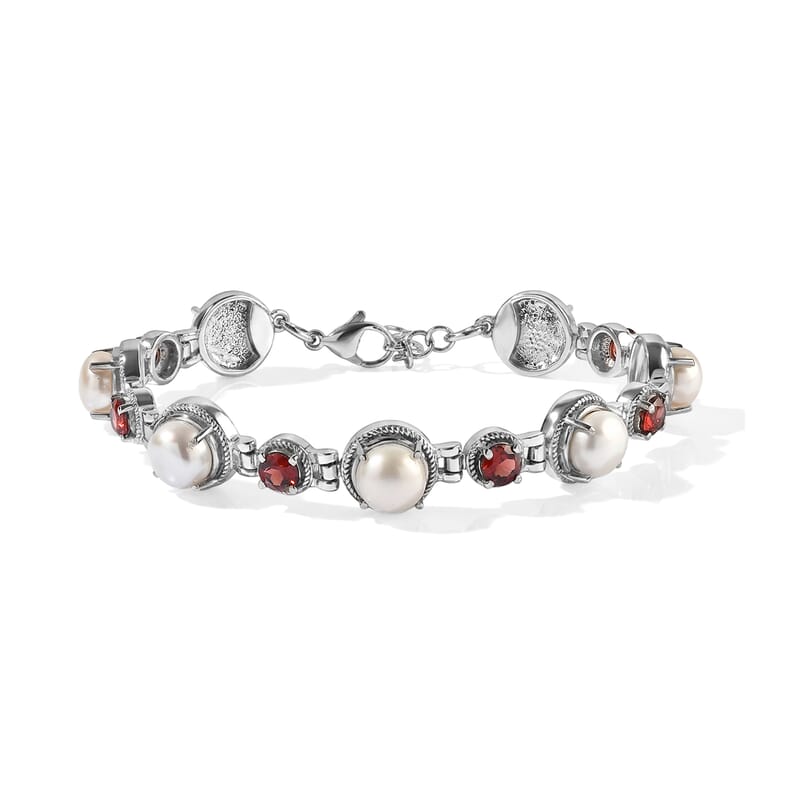 EverTrue Freshwater Pearl, Mozambique Garnet 3.65 ctw Royal Romance Bracelet in Stainless Steel (7-8In)