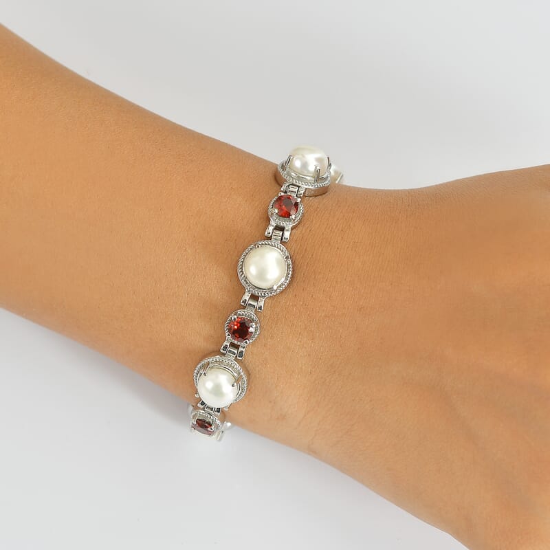 EverTrue Freshwater Pearl, Mozambique Garnet 3.65 ctw Royal Romance Bracelet in Stainless Steel (7-8In)