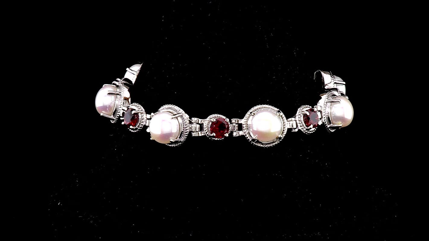 EverTrue Freshwater Pearl, Mozambique Garnet 3.65 ctw Bracelet in Stainless Steel (7-8In)