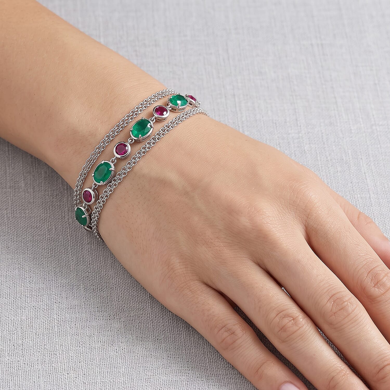 EverTrue Emeraldine Quartz (Triplet) and Lab Grown Ruby 16.30 ctw Endless Harmony Verdant Link Bracelet in Platinum Bond (7.25 In)