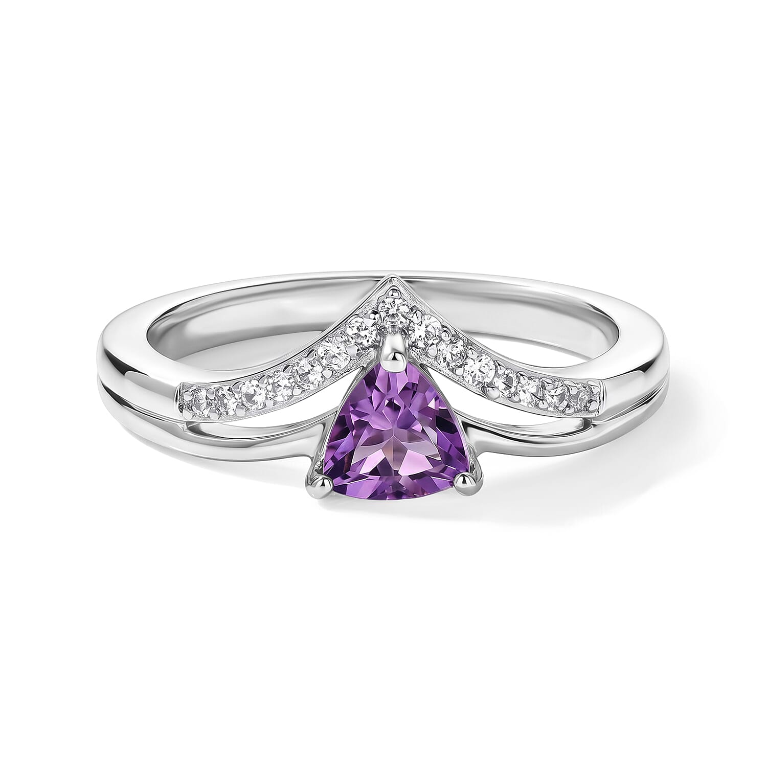 D'Joy Bolivian Amethyst and White Zircon 0.60 ctw Ring in Rhodium Over Sterling Silver (Size 10.0)