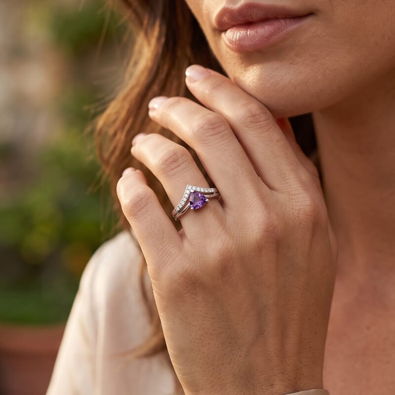 D'Joy Bolivian Amethyst and White Zircon 0.60 ctw Ring in Rhodium Over Sterling Silver (Size 10.0)