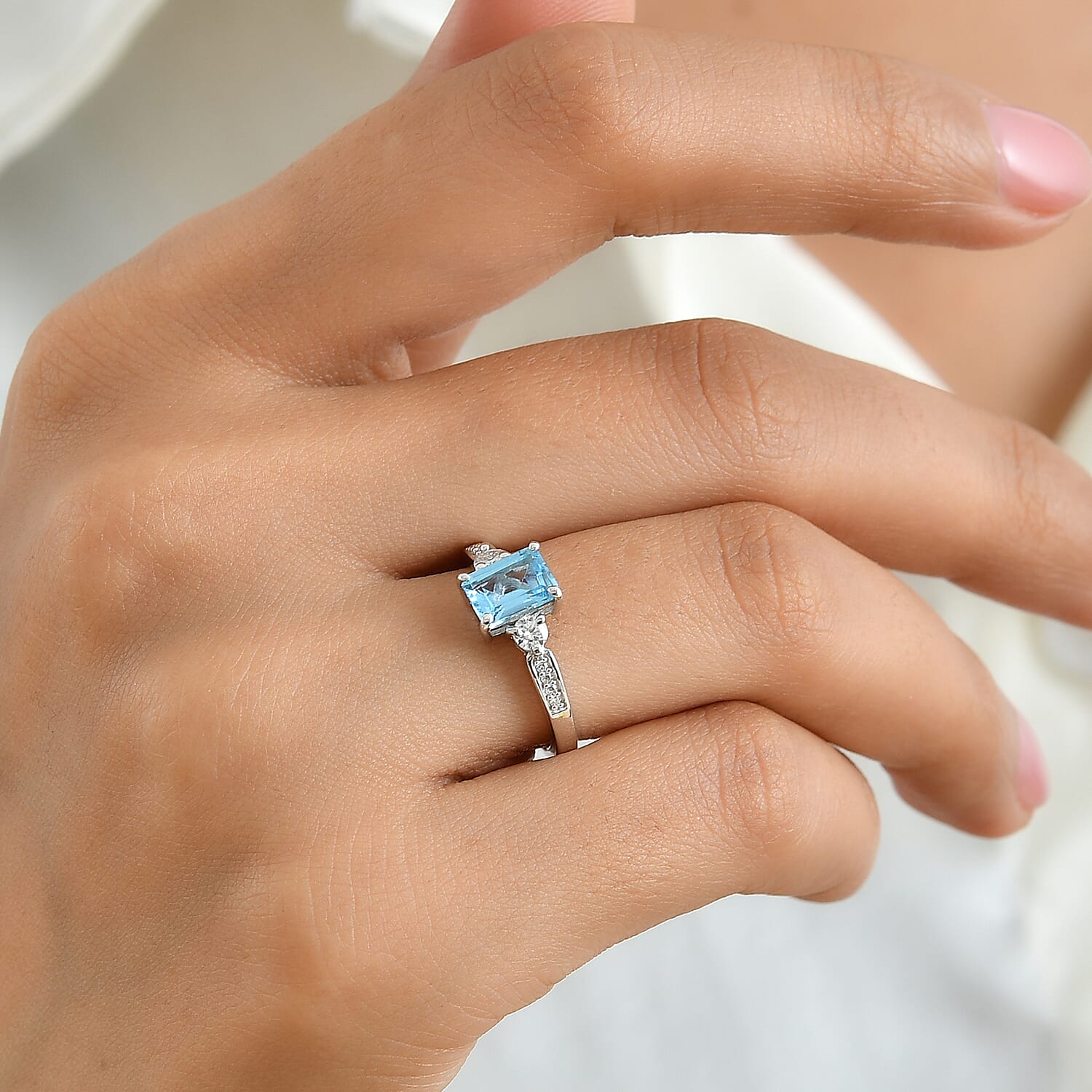 D'Joy Swiss Blue Topaz and Moissanite 1.50 ctw Ring in Rhodium Over Sterling Silver (Size 6.0)