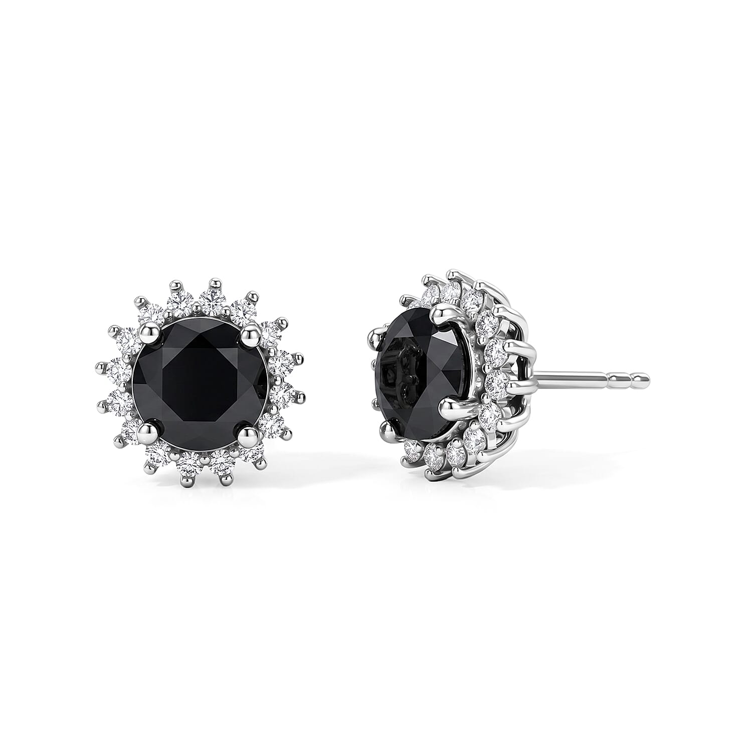 D'Joy Black and White Moissanite 1.85 ctw Solitaire Stud Earrings in Rhodium Over Sterling Silver