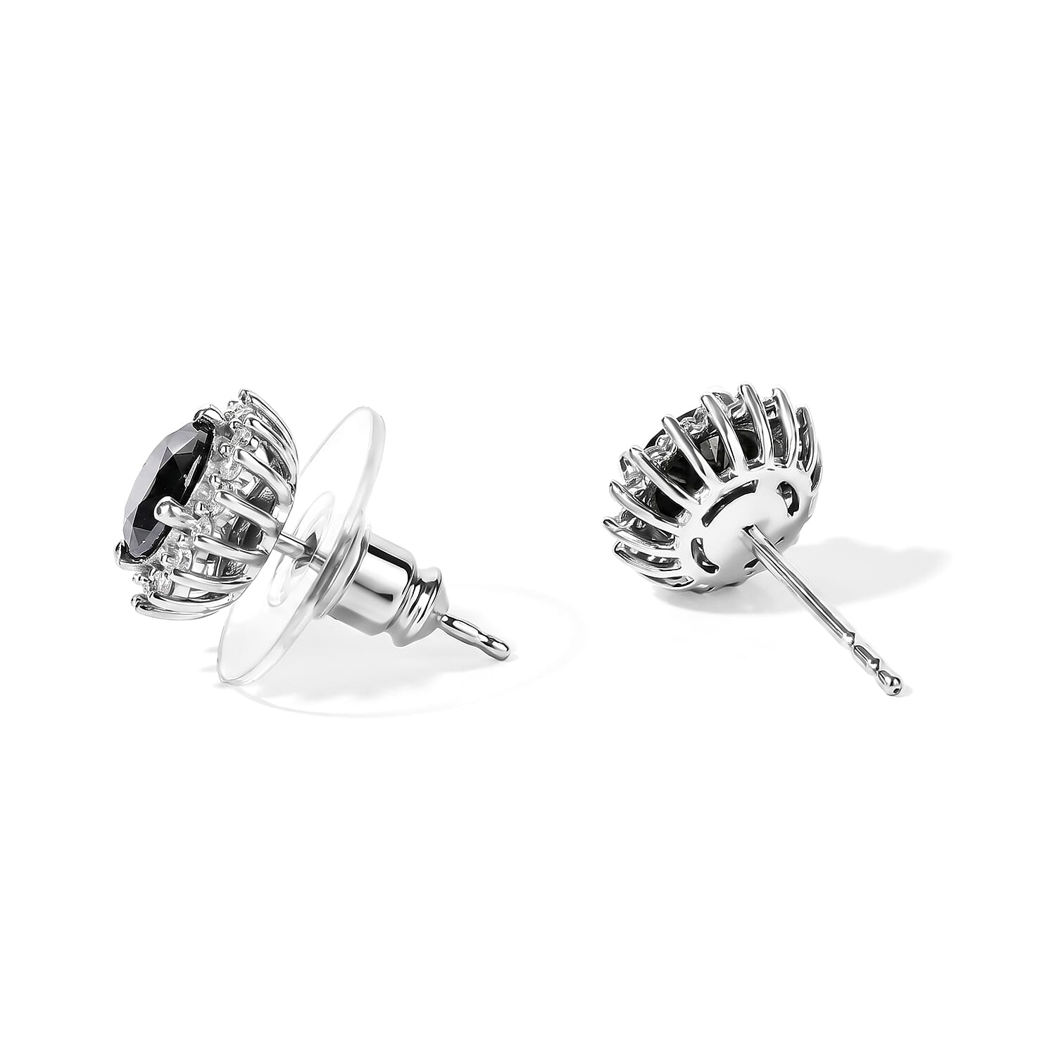D'Joy Black and White Moissanite 1.85 ctw Solitaire Stud Earrings in Rhodium Over Sterling Silver