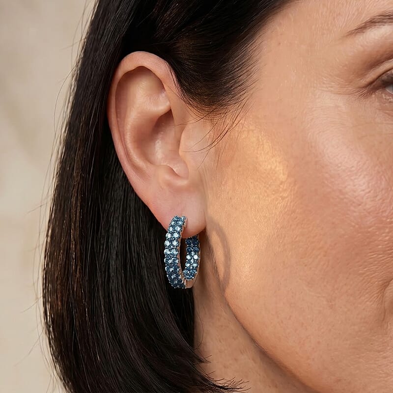 Luxuriant Lab Grown Blue Diamond IR SI 2.00 ctw Eternal Radiance Hoop Earrings in Rhodium Over Sterling Silver