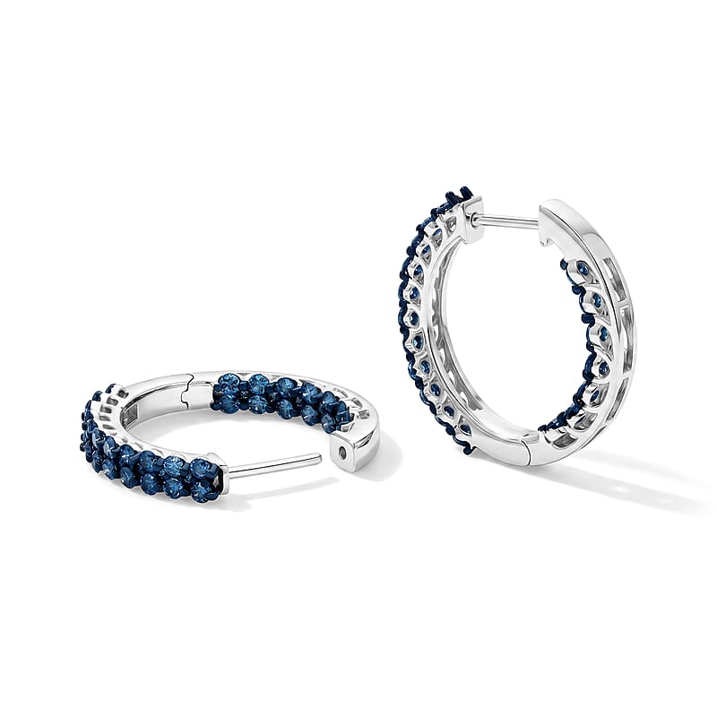 Luxuriant Lab Grown Blue Diamond IR SI 2.00 ctw Eternal Radiance Hoop Earrings in Rhodium Over Sterling Silver