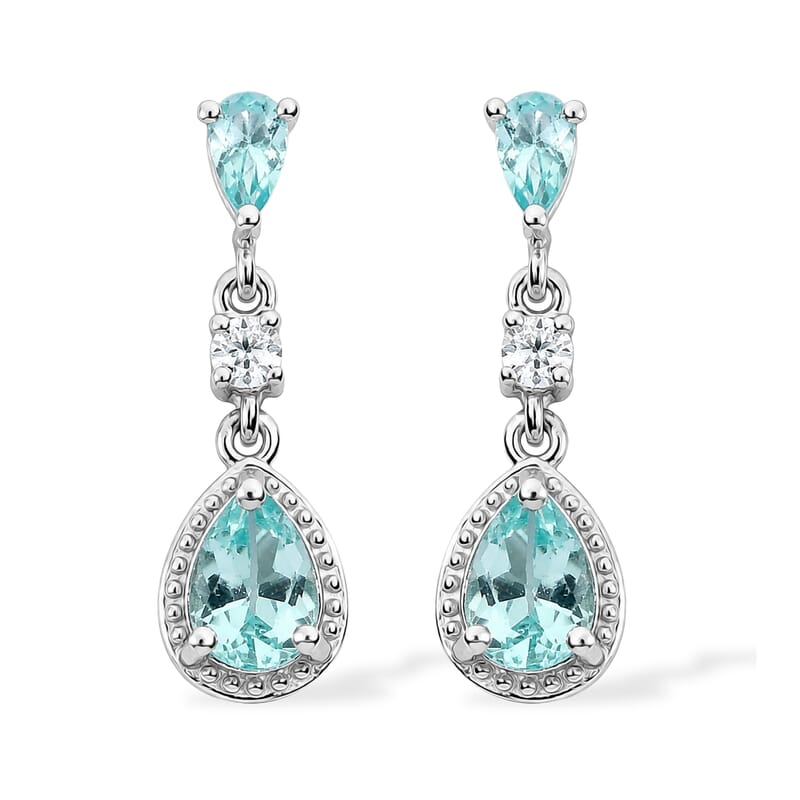 D'Joy Mint Apatite and Moissanite 1.15 ctw Dangling Earrings in Rhodium Over Sterling Silver