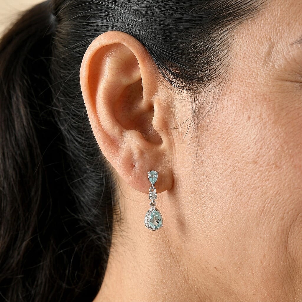 D'Joy Mint Apatite and Moissanite 1.15 ctw Dangling Earrings in Rhodium Over Sterling Silver