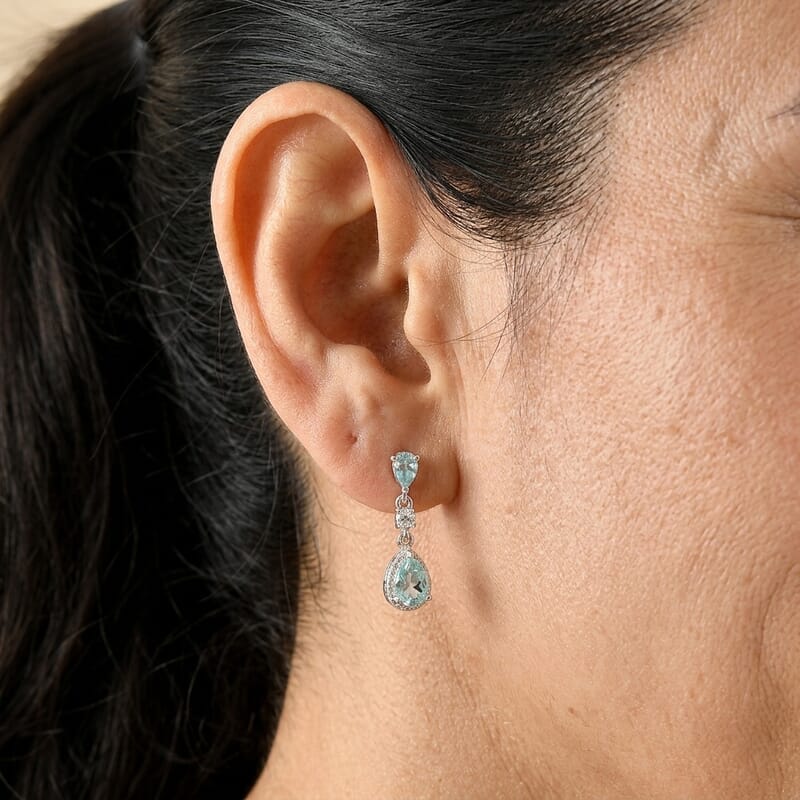 D'Joy Mint Apatite and Moissanite 1.15 ctw Dangling Earrings in Rhodium Over Sterling Silver